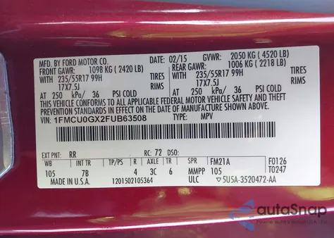 2015 Ford Escape Se z USA, uszkodzony, nr VIN 1FMCU0GX2FUB63508